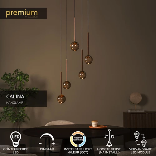 Lucide CALINA - Hanglamp - Ø 41,9 cm - LED Dimb. - CCT - 5x8,4W 2200K/3300K - Met vervangbare LED-module - Amber - Premium - USP